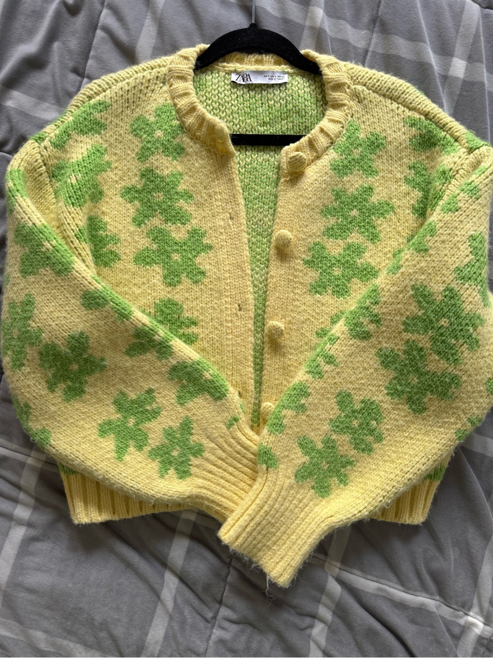 ZARA Yellow Cardigan with Green Floral Motif
